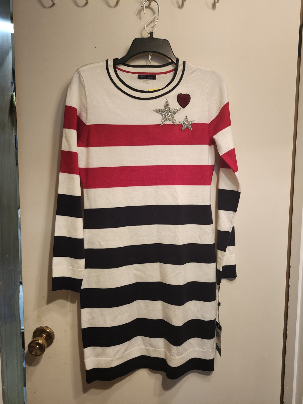Tommy Hilfiger White Red and Navy Striped Sweater Dress with Embellished Stars